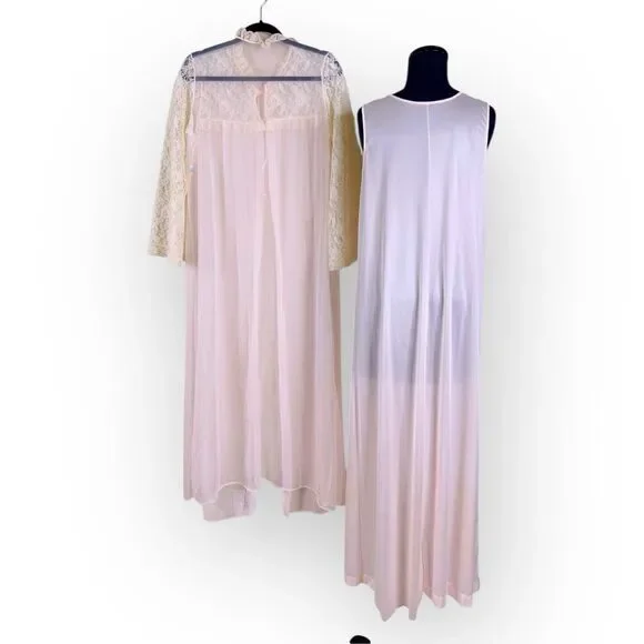 Vintage 70s Movie Star Nightgown Peignoir Robe Set Medium Lace Pink Nylon USA